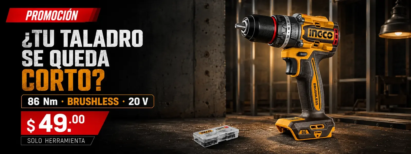 Promoción: taladro percutor brushless 86 Nm 20V, $49.00 solo herramienta